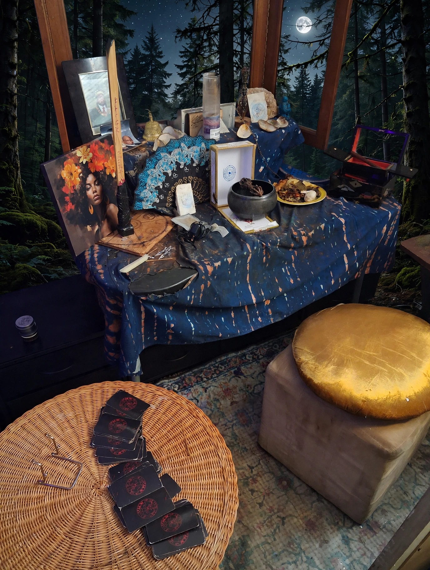 The altar of Jermaine Brunswick, the Ghost King of Izu, beneath a moonlit forest sky