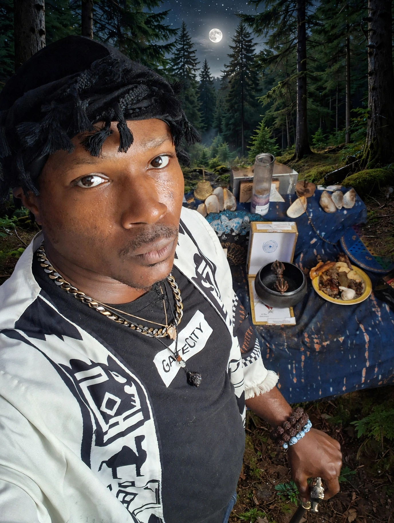 Jermaine Brunswick at his altar beneath a moonlit forest sky