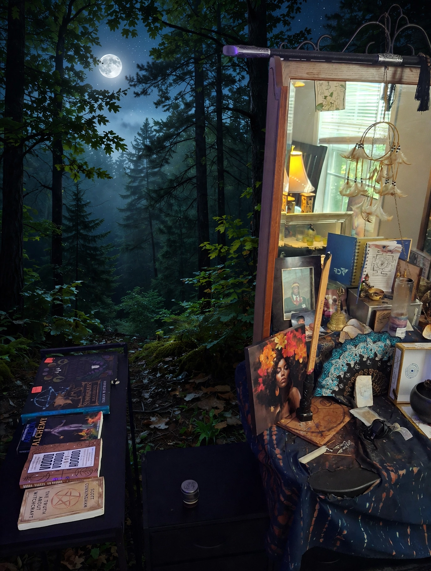 Inside the working ritual space of the Ghost King of Izu, beneath a moonlit forest sky