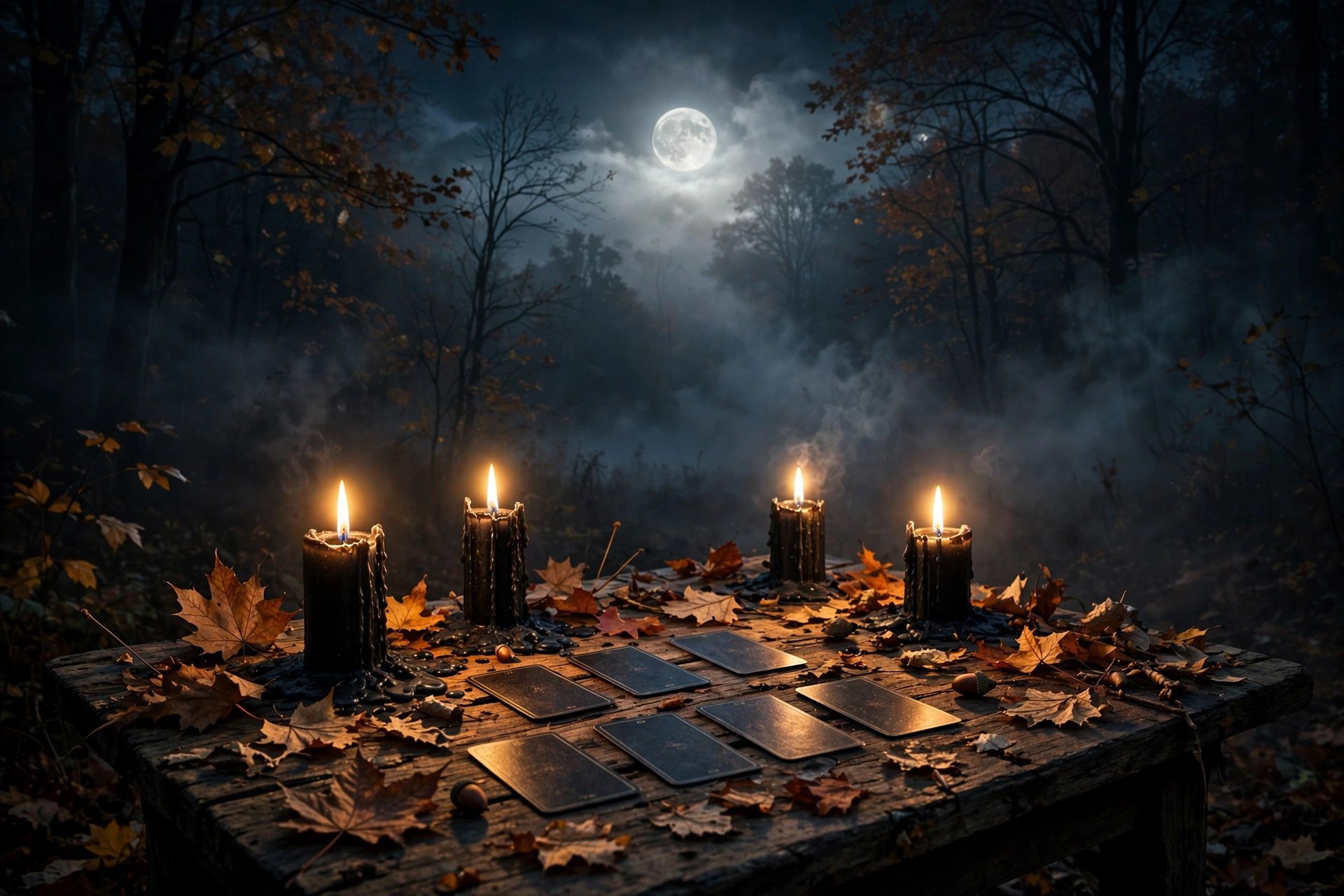 Tarot cards and black candles on a wooden table in a moonlit autumn forest