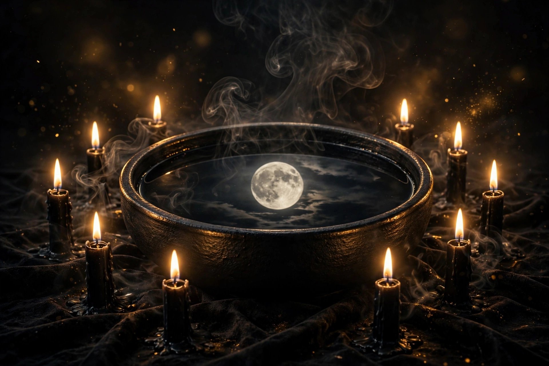A black scrying bowl ringed by burning candles, the full moon reflected in its dark water